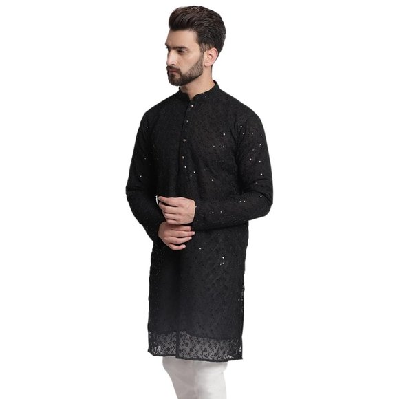 Men Chikankari Georgette Black Kurta Full Sleeve Knee Length Kurta - Picture 3 of 6
